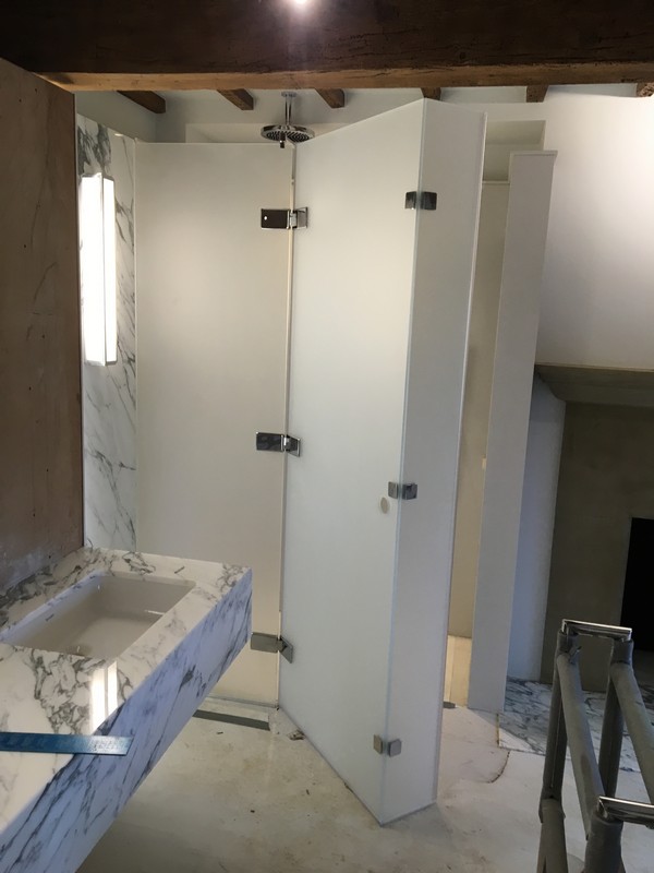 Bespoke frosted glass shower enclosure in Totteridge luxury bathroom